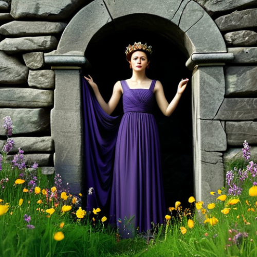 Home 4 **Prompt 1: The Dual Queen**
A mature and dignified Persephone, embodying both the Queen of the Underworld and the Goddess of Spring. She stands gracefully, half of her surroundings depicting a dark, ancient stone chamber with subtle, muted light, and the other half a vibrant, flourishing spring meadow bursting with blooming flowers under a soft, golden sky. She wears an elegant, flowing gown that transitions in color from deep violet and obsidian on one side to soft greens and floral patterns on the other, reflecting her dual nature. Her attire is fully clothed, modest, and appropriate. The image should convey strength, adaptability, and wisdom. Professional photography, perfect anatomy, correct proportions, natural pose, well-formed hands, proper finger count, natural body proportions, high quality, safe for work, appropriate content, family-friendly.