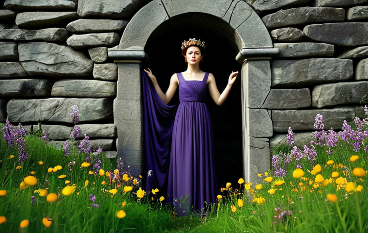 **Prompt 1: The Dual Queen**
    A mature and dignified Persephone, embodying both the Queen of the Underworld and the Goddess of Spring. She stands gracefully, half of her surroundings depicting a dark, ancient stone chamber with subtle, muted light, and the other half a vibrant, flourishing spring meadow bursting with blooming flowers under a soft, golden sky. She wears an elegant, flowing gown that transitions in color from deep violet and obsidian on one side to soft greens and floral patterns on the other, reflecting her dual nature. Her attire is fully clothed, modest, and appropriate. The image should convey strength, adaptability, and wisdom. Professional photography, perfect anatomy, correct proportions, natural pose, well-formed hands, proper finger count, natural body proportions, high quality, safe for work, appropriate content, family-friendly.
