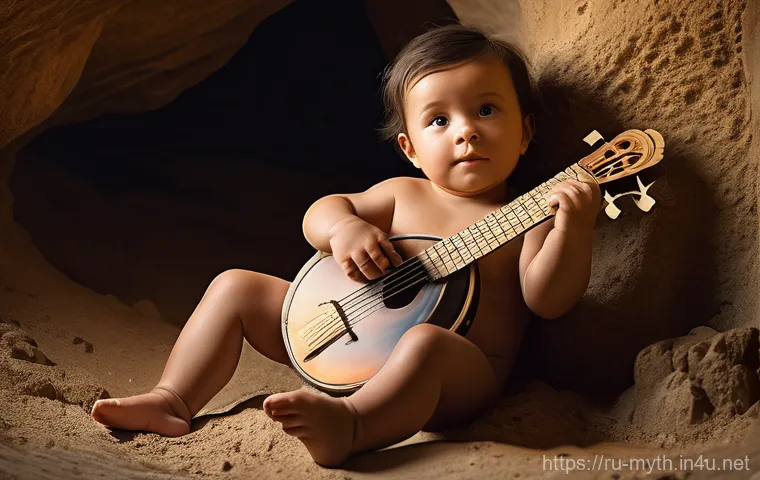 헤르메스의 전설과 기원 - **Prompt: The Mischievous Infant Hermes and the Lyre**
    "A heartwarming and whimsical illustratio...