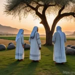 야훼와 히브리 신화 - A tranquil, sun-drenched ancient Near Eastern landscape at dawn. In a clearing near a small, humble ...