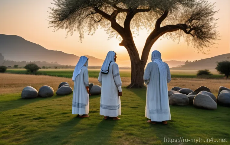 야훼와 히브리 신화 - A tranquil, sun-drenched ancient Near Eastern landscape at dawn. In a clearing near a small, humble ...