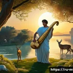 Home 22 오르페우스와 에우리디케 - A mystical ancient Greek scene depicting Orpheus playing a lyre with magical glowing notes flowing f...
