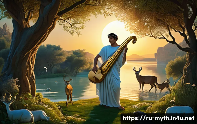오르페우스와 에우리디케 - A mystical ancient Greek scene depicting Orpheus playing a lyre with magical glowing notes flowing f...