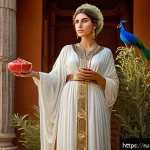 Home 21 헤라와 결혼의 여신 - A majestic ancient Greek goddess figure standing in a sunlit temple adorned with intricate marble co...