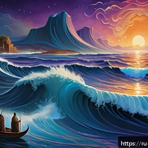 Home 31 아누와 엔릴의 창조 신화 - A majestic ancient Mesopotamian scene depicting the primordial cosmic ocean with vast, swirling wate...
