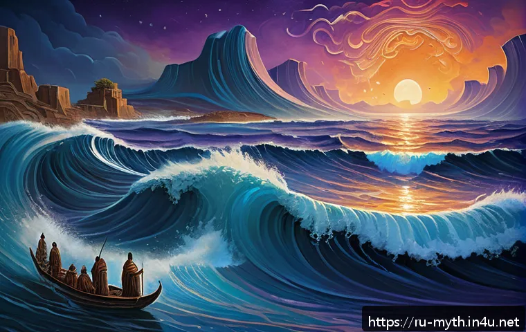 아누와 엔릴의 창조 신화 - A majestic ancient Mesopotamian scene depicting the primordial cosmic ocean with vast, swirling wate...