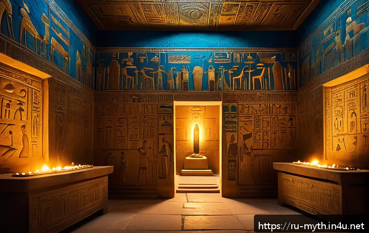 예수와 성스러운 신화 - An ancient Egyptian temple interior filled with detailed hieroglyphic walls and ritual artifacts, fe...
