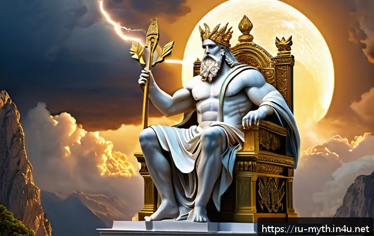 제우스와 가니메데스 신화 - A majestic depiction of Zeus, the supreme Greek god, seated on a grand throne atop Mount Olympus, ho...