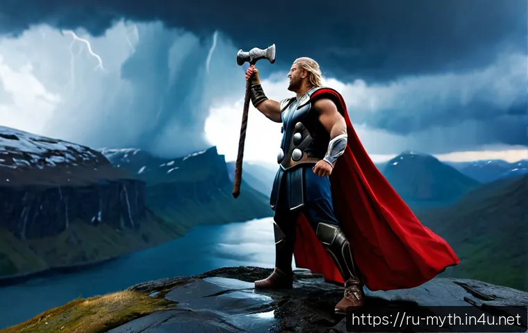 토르의 묠니르 전설 - Photorealistic cinematic scene of Thor in ancient Norse armor standing on a storm-dark Scandinavian ...