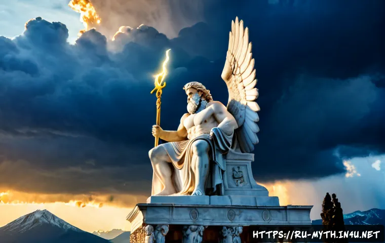 Home 15 제우스 신화와 상징 - Photorealistic classical marble statue of Zeus seated on a grand stone throne, holding a glowing thu...